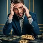 A man looking stressed at a desk, possibly overwhelmed by business tasks.