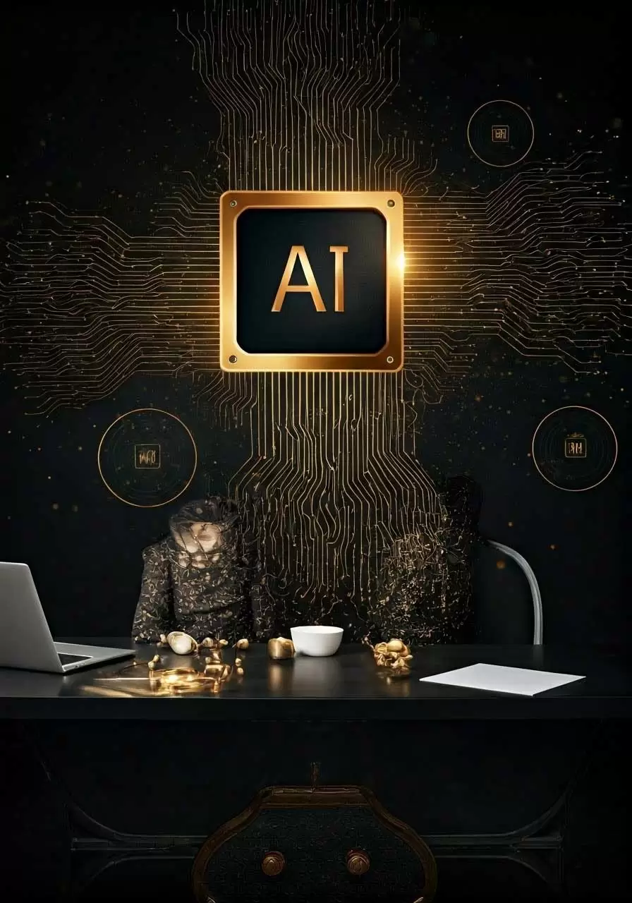 Abstract image with'AI' in a gold square, representing artificial intelligence.