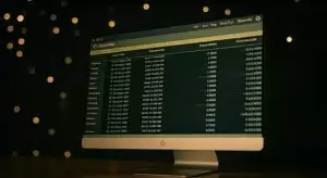 A computer monitor displaying a dashboard with financial or business data.