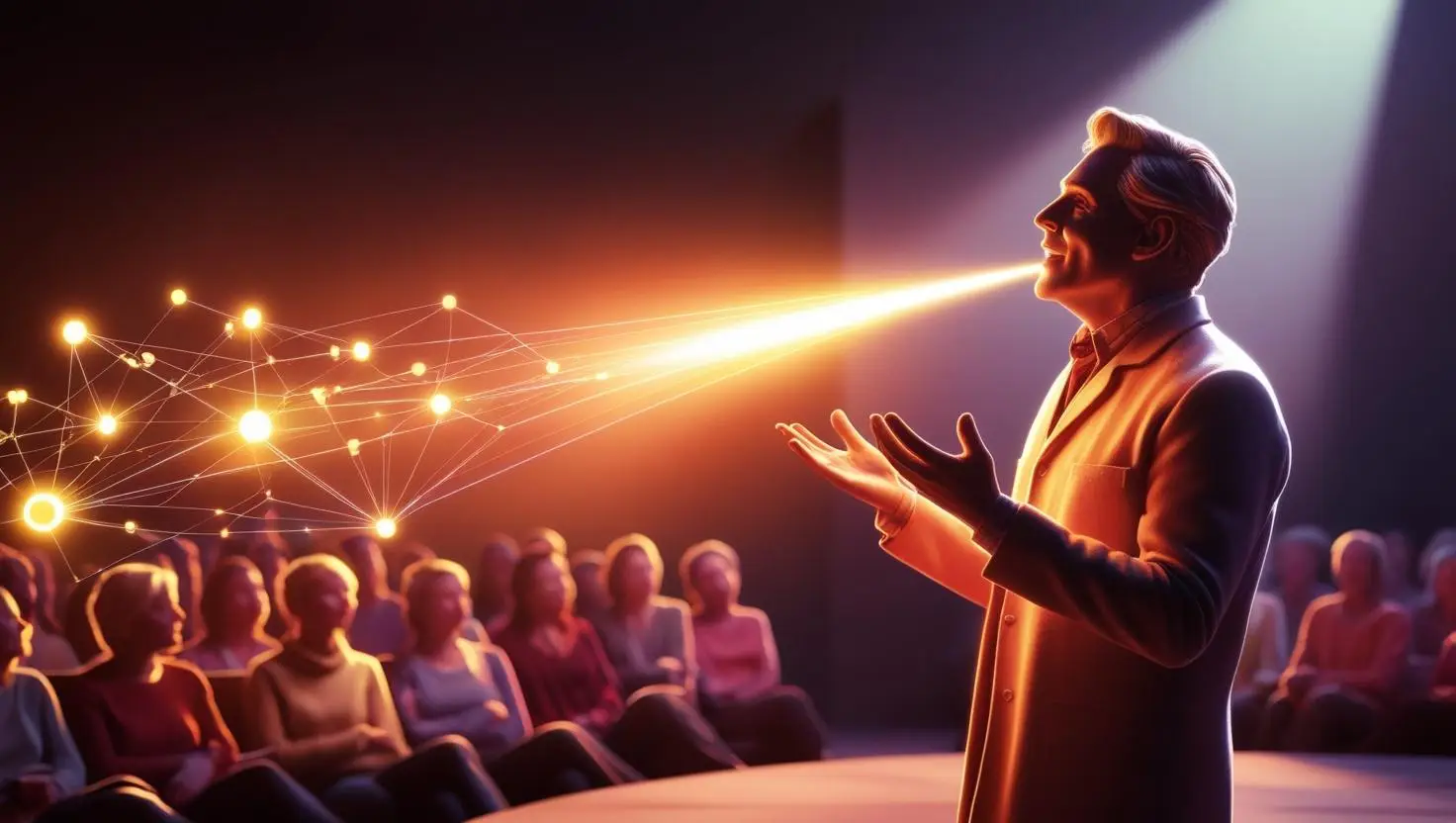 A Storyteller With A Clear Beam Of Light Emanating From Their Mouth Connecting Directly To The Minds Of Their Engaged Audience Represented By Glowing Nodes. Modern Slightly Abstract. 4 1