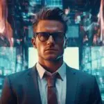 Man in a suit and glasses looking focused amidst a glowing digital data stream, representing expertise and insights in an AI-driven world.