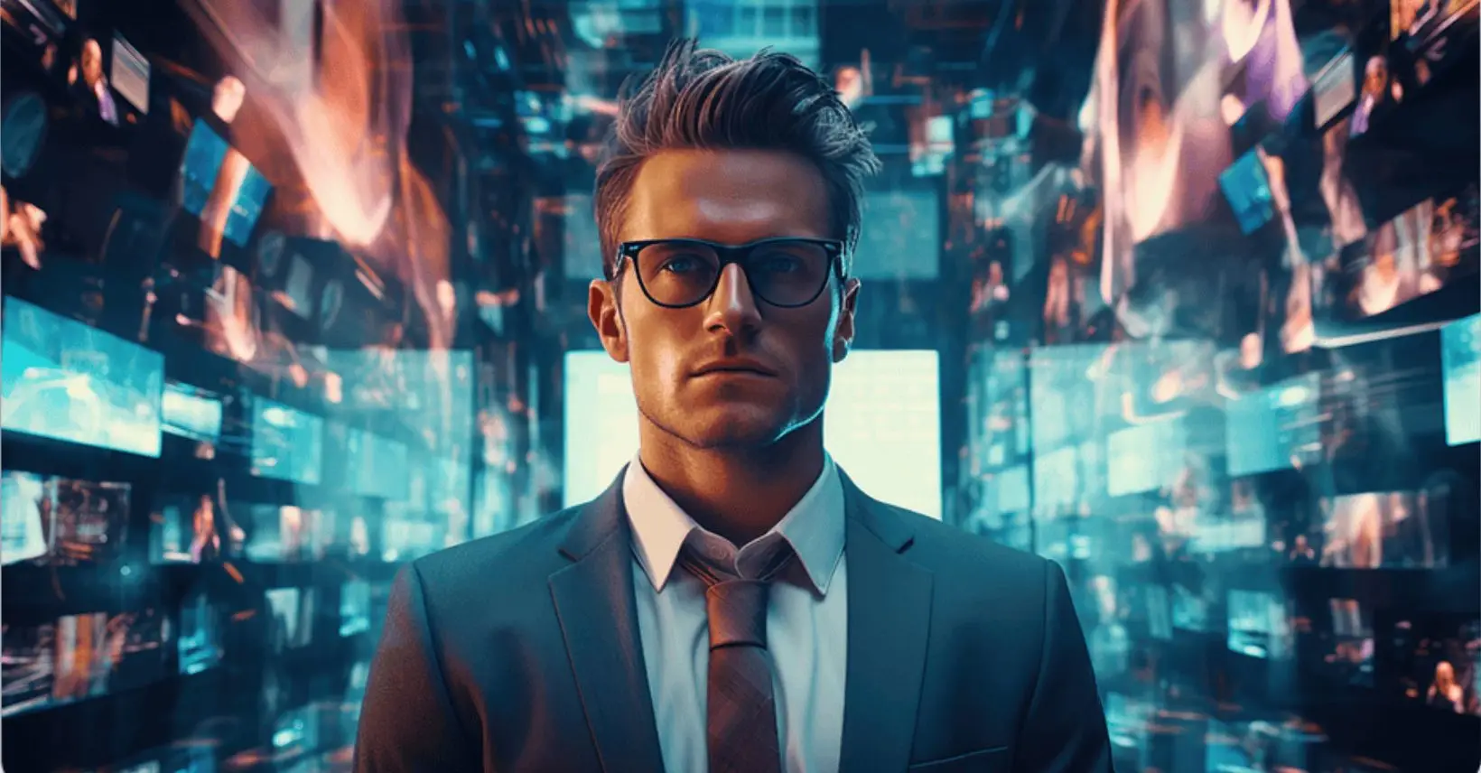 Man in a suit and glasses looking focused amidst a glowing digital data stream, representing expertise and insights in an AI-driven world.