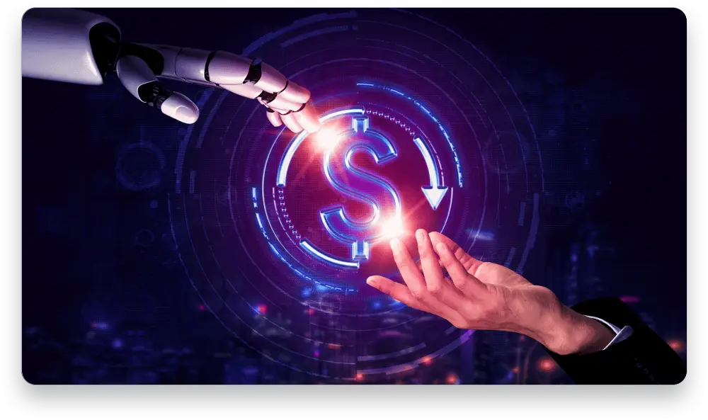AI robot hand and human hand interacting with a glowing dollar sign, representing automated profits and AI partnership.