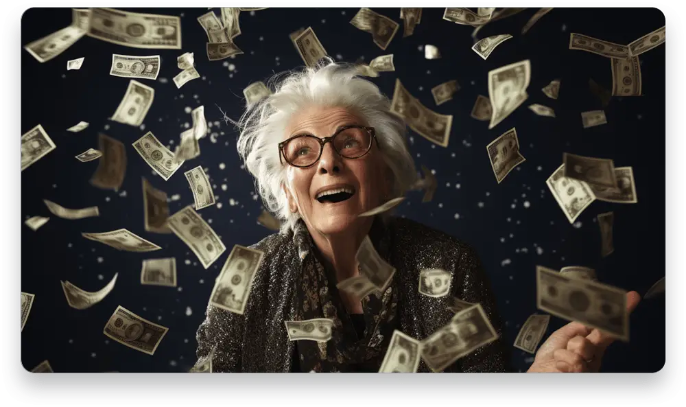 A joyous elderly woman looking up as money falls around her, symbolizing unexpected wealth and financial freedom.