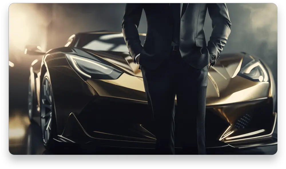 Person in a suit standing confidently beside a sleek luxury sports car, symbolizing the financial success and aspirational lifestyle achievable through online profits.