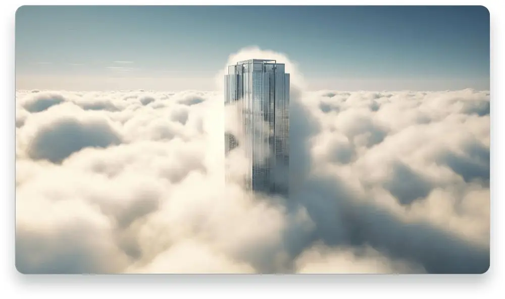 A towering skyscraper emerging from a sea of clouds, symbolizing reaching new heights and achieving aspirations.